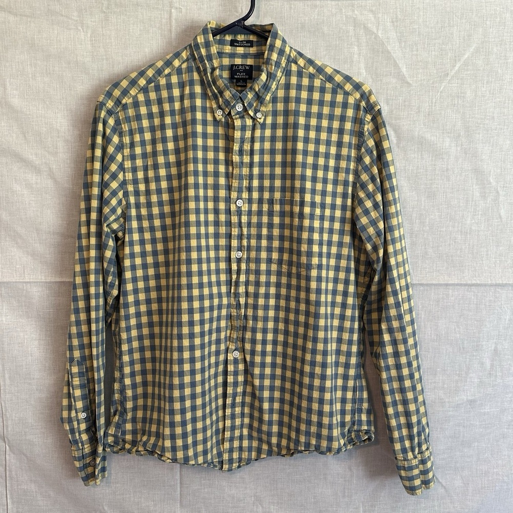J.Crew Flex Washed Shirt Mens Large Slim Untucked Blue Yellow Gingham Plaid